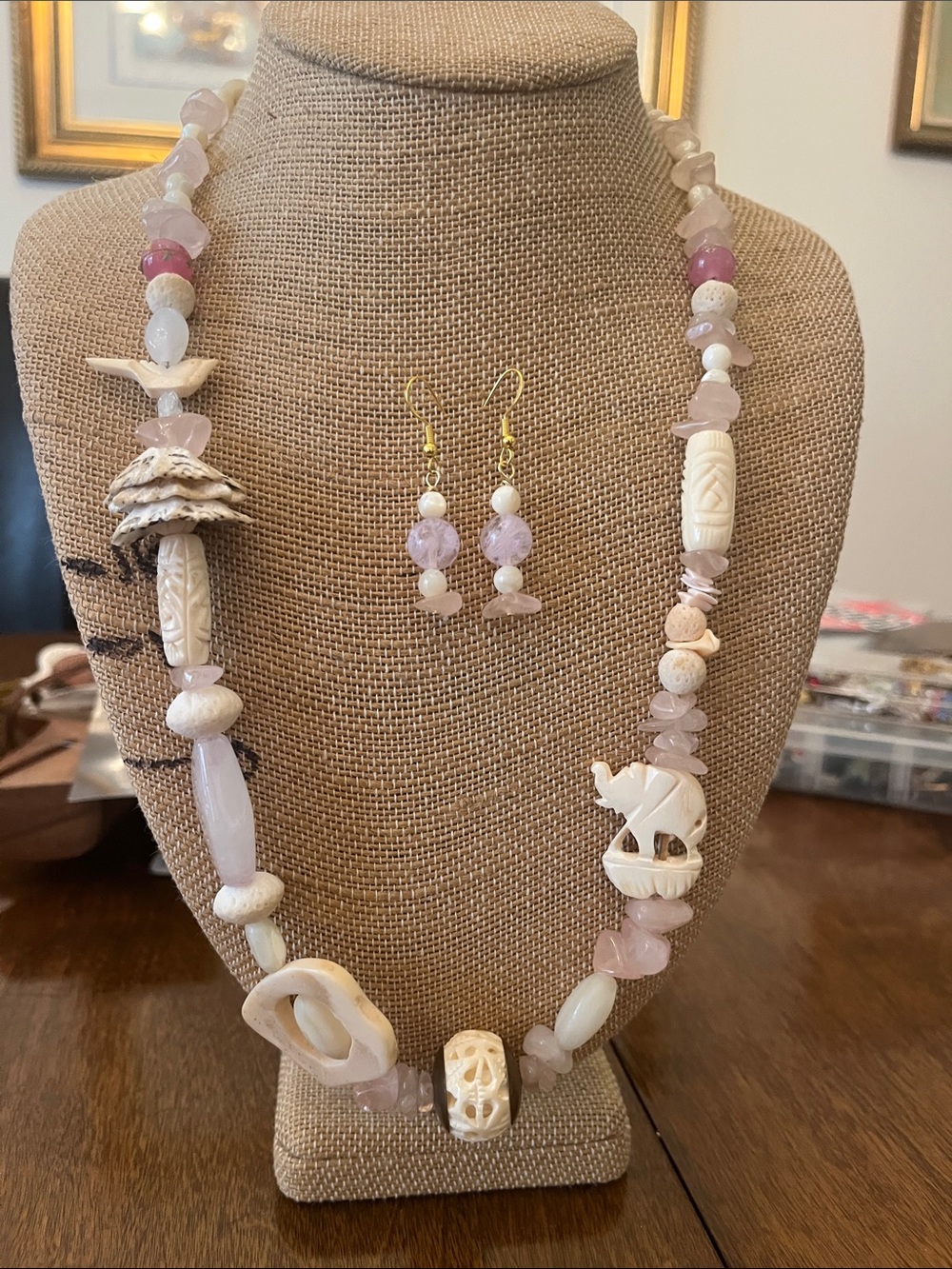 Handcrafted Pink Quartz and Bone Necklace and Earrings Set